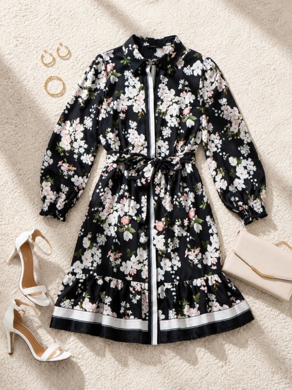 Anne Klein Black Multi Plus Size Floral Button-Front Dress 16W NWT Work Brunch
